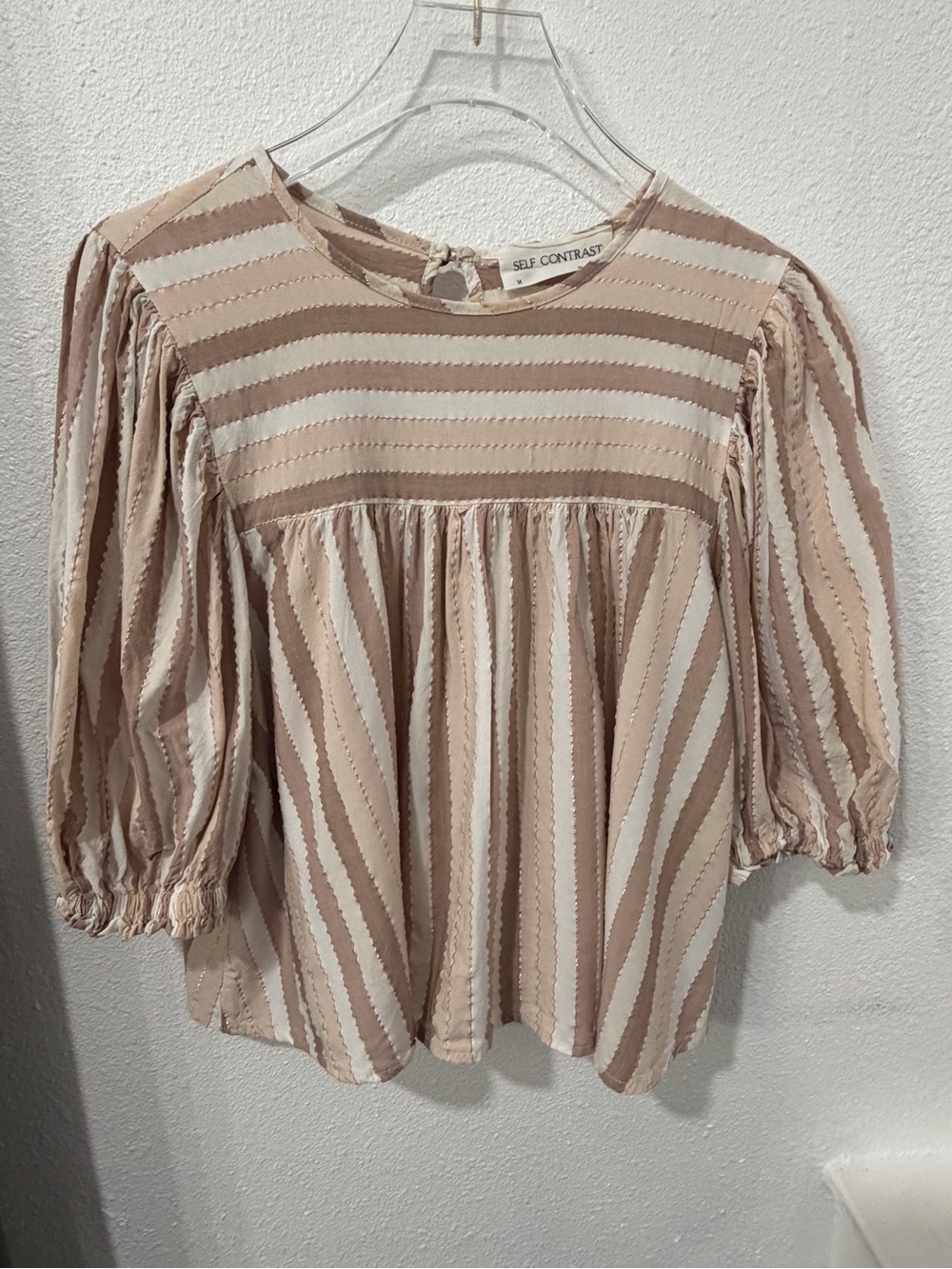 Self Contrast Beige & Cream Striped Peasant Blouse